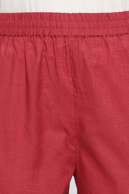 Garnet Red Printed Pure Cotton Flared Kurta, Straight Pant and Dupatta Set