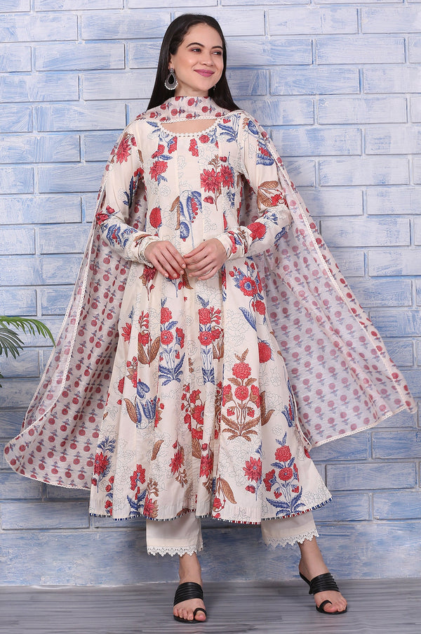 Off-White Floral Printed Pure Cotton Anarkali Kurta, Pants and Dupatta Set
