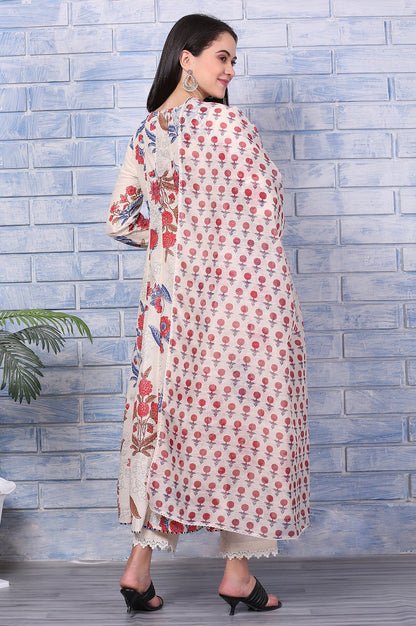 Off-White Floral Printed Pure Cotton Anarkali Kurta, Pants and Dupatta Set