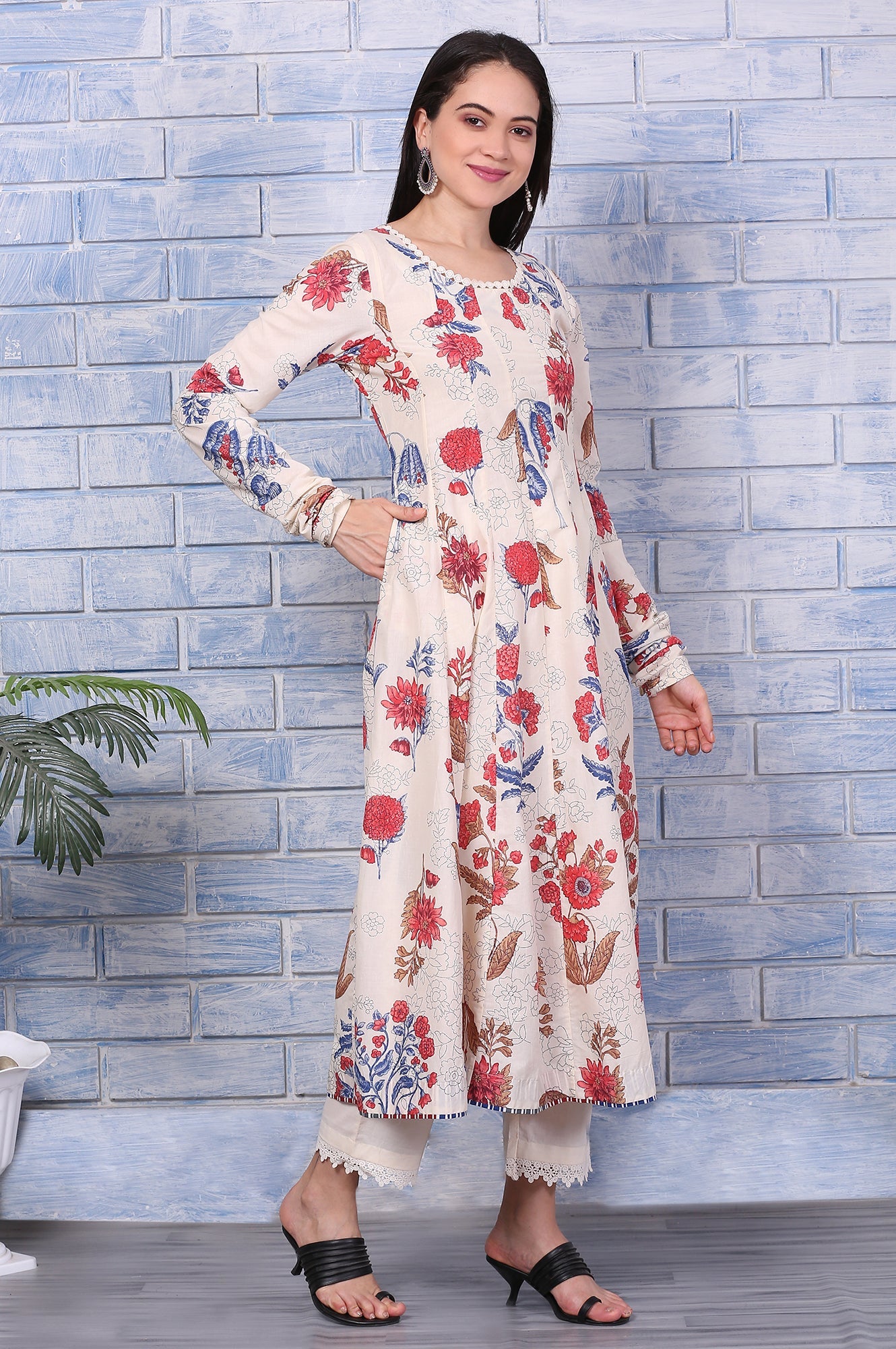 Off-White Floral Printed Pure Cotton Anarkali Kurta, Pants and Dupatta Set