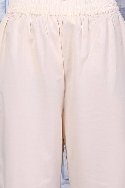 Off-White Floral Printed Pure Cotton Anarkali Kurta, Pants and Dupatta Set