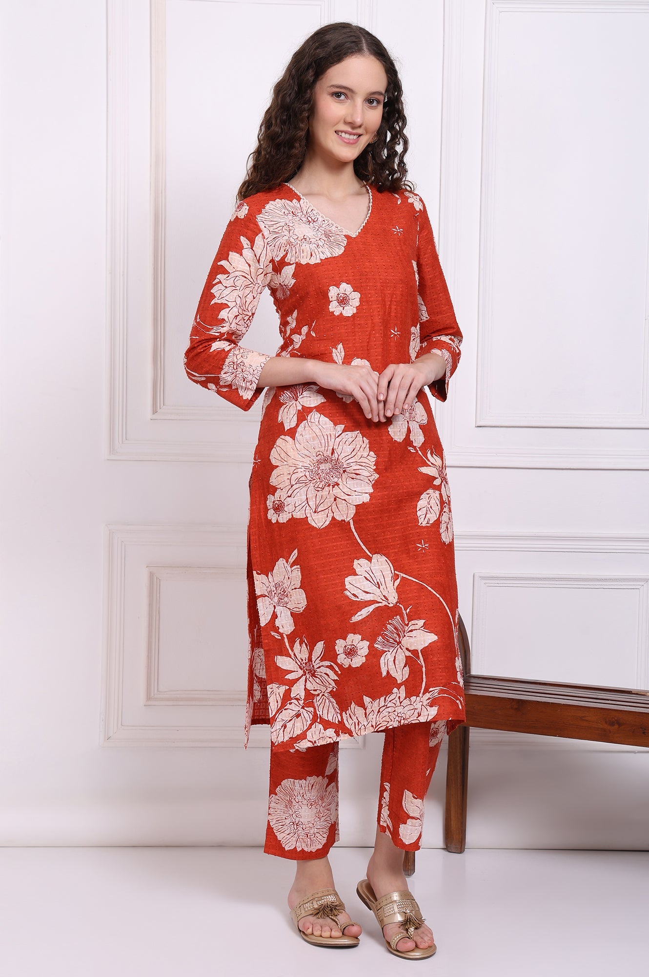 Red Floral Printed Swiss Dot Cotton Straight Kurta and Pants Co-ord Set