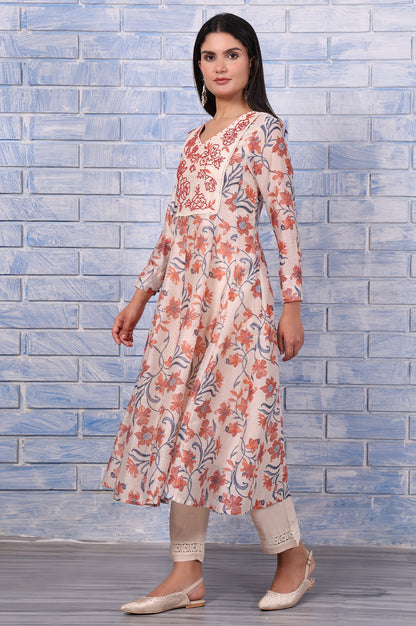 Brown Floral Printed Beads Chanderi Flared Kurta, Straight Pant And Dupatta Set