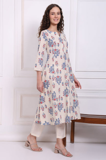 White Floral Printed Pure Cotton Flared Kurta, Pants and Dupatta Set