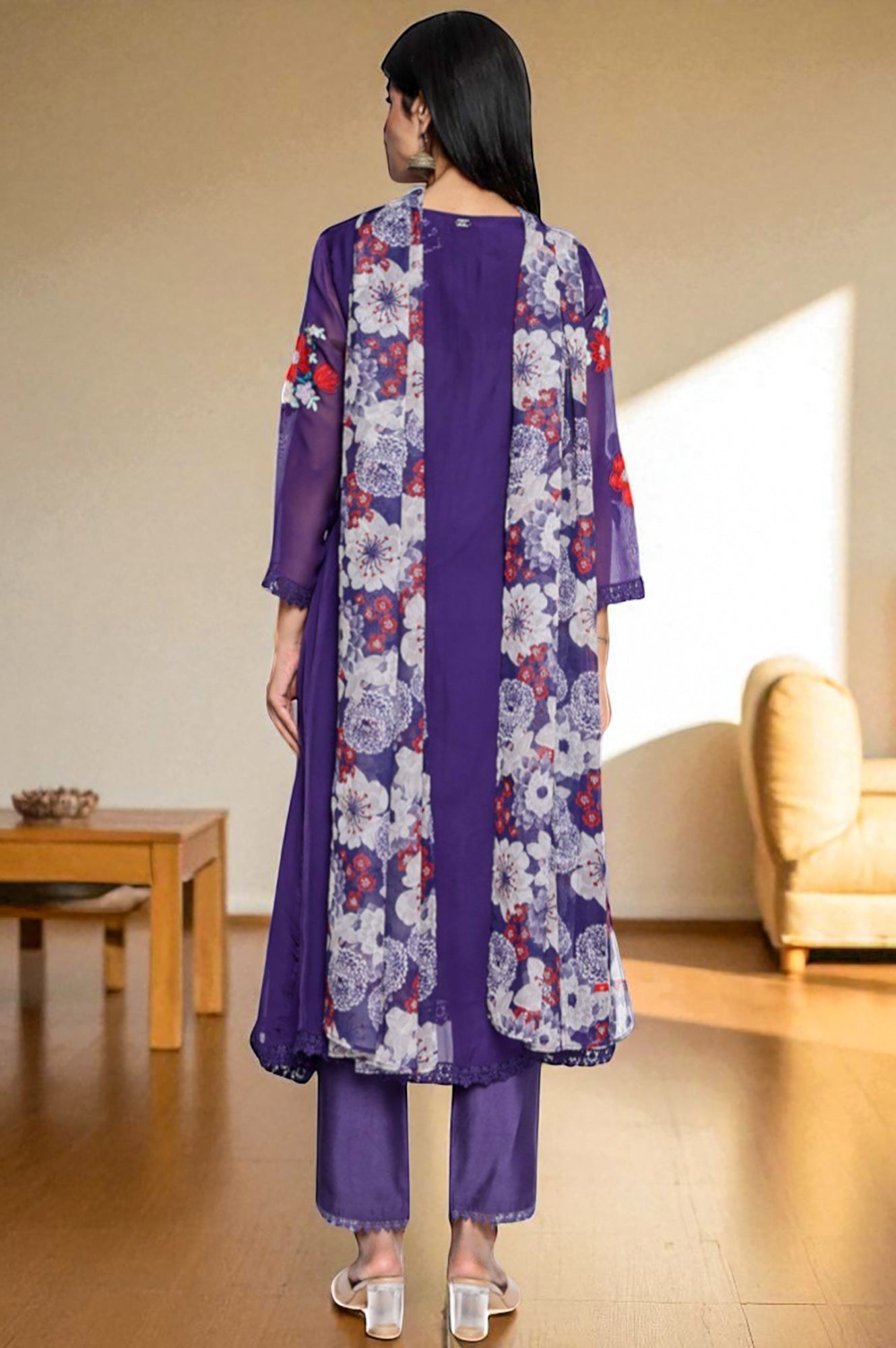 Amesthyst Purple Solid Printed Organza A-Line Kurta, Straight Pant and Dupatta Set