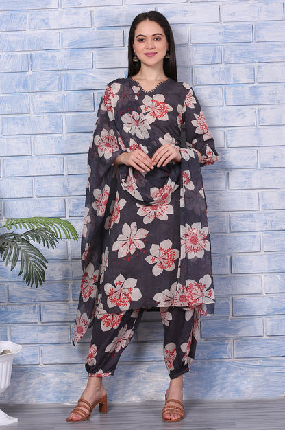 Charcoal Grey Floral Printed Straight Kurta, Gathered Pants and Dupatta Set