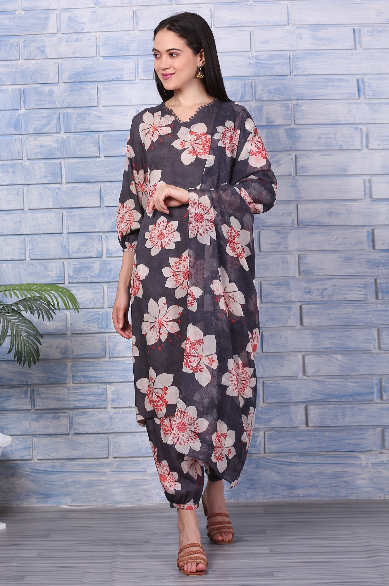 Charcoal Grey Floral Printed Straight Kurta, Gathered Pants and Dupatta Set