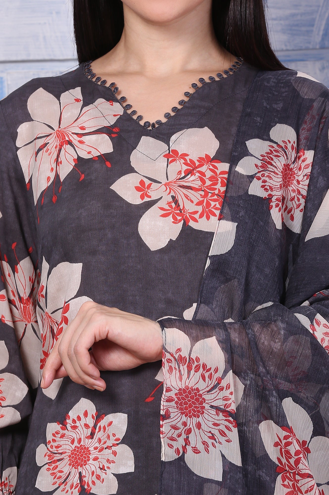 Charcoal Grey Floral Printed Straight Kurta, Gathered Pants and Dupatta Set