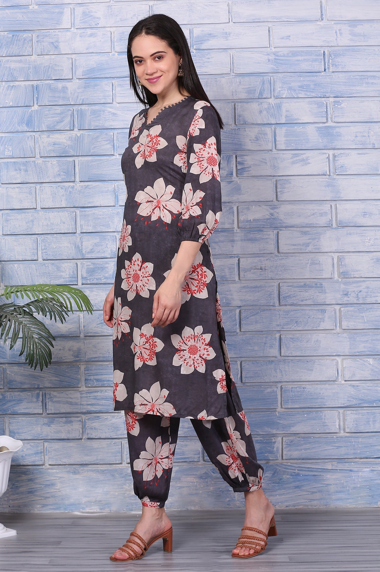Charcoal Grey Floral Printed Straight Kurta, Gathered Pants and Dupatta Set