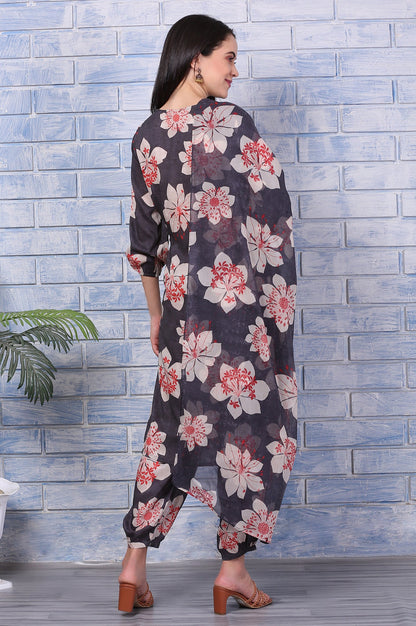 Charcoal Grey Floral Printed Straight Kurta, Gathered Pants and Dupatta Set