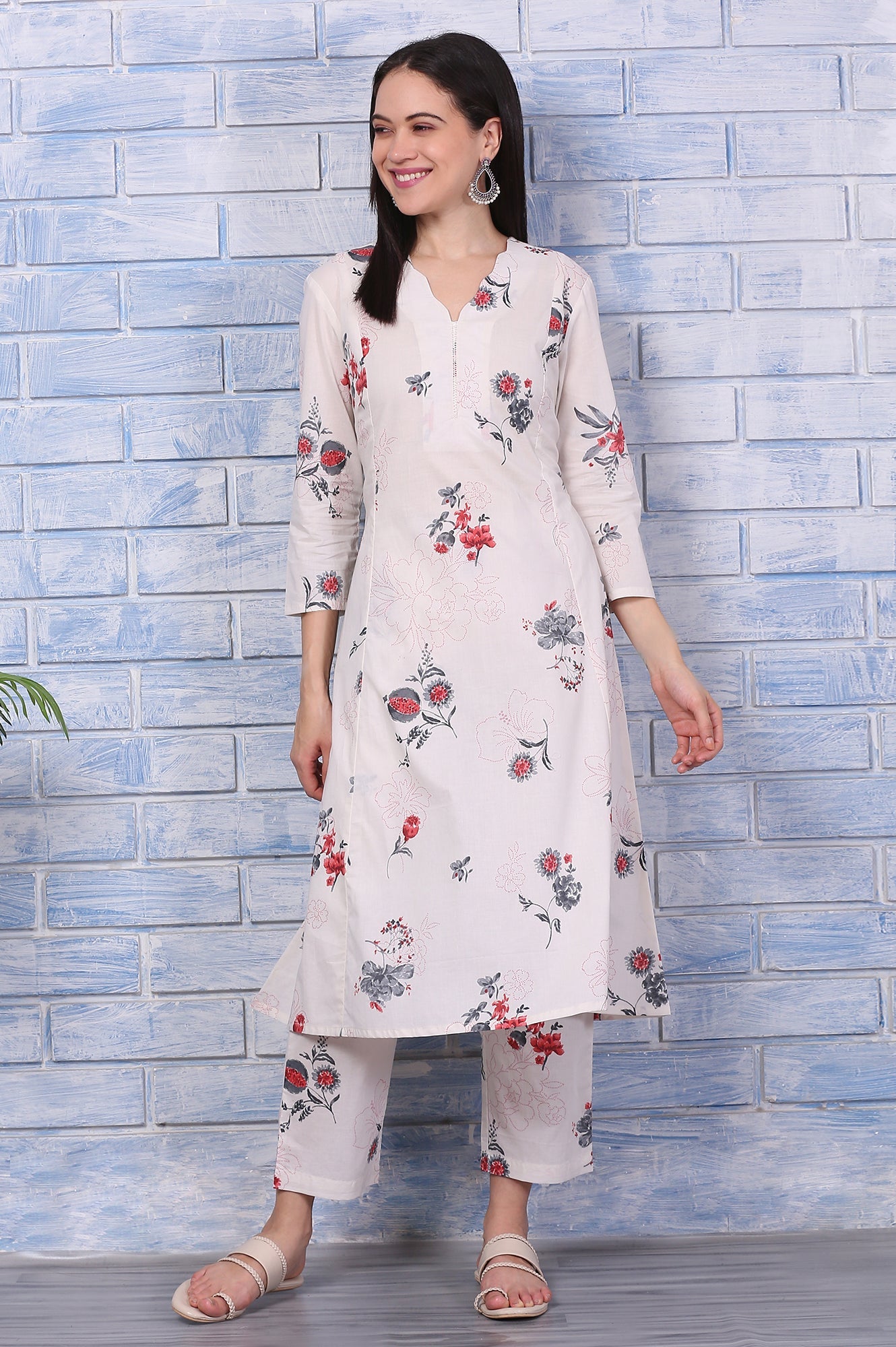 Off-White Floral Printed Pure Cotton A-line Kurta and Pants Co-ord Set