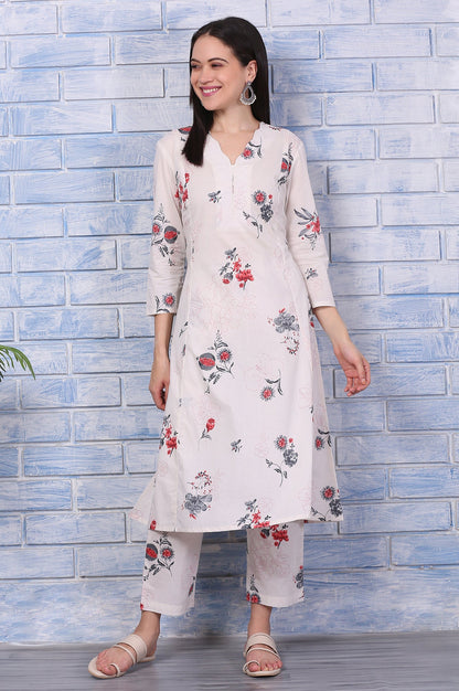 Off-White Floral Printed Pure Cotton A-line Kurta and Pants Co-ord Set