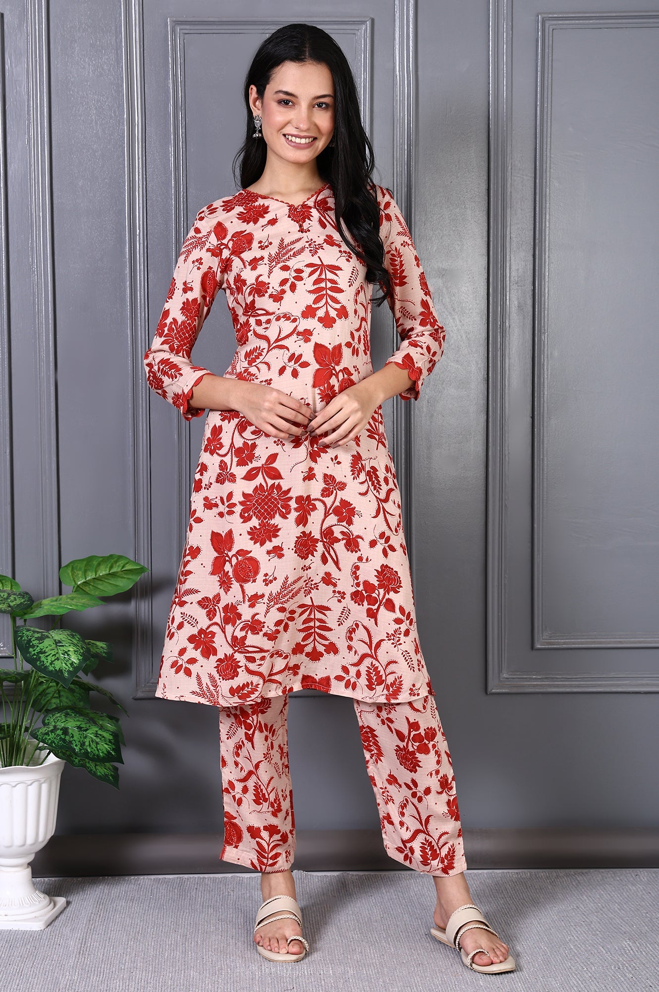 Brown Floral Printed Lace Modal A-line Kurta Set