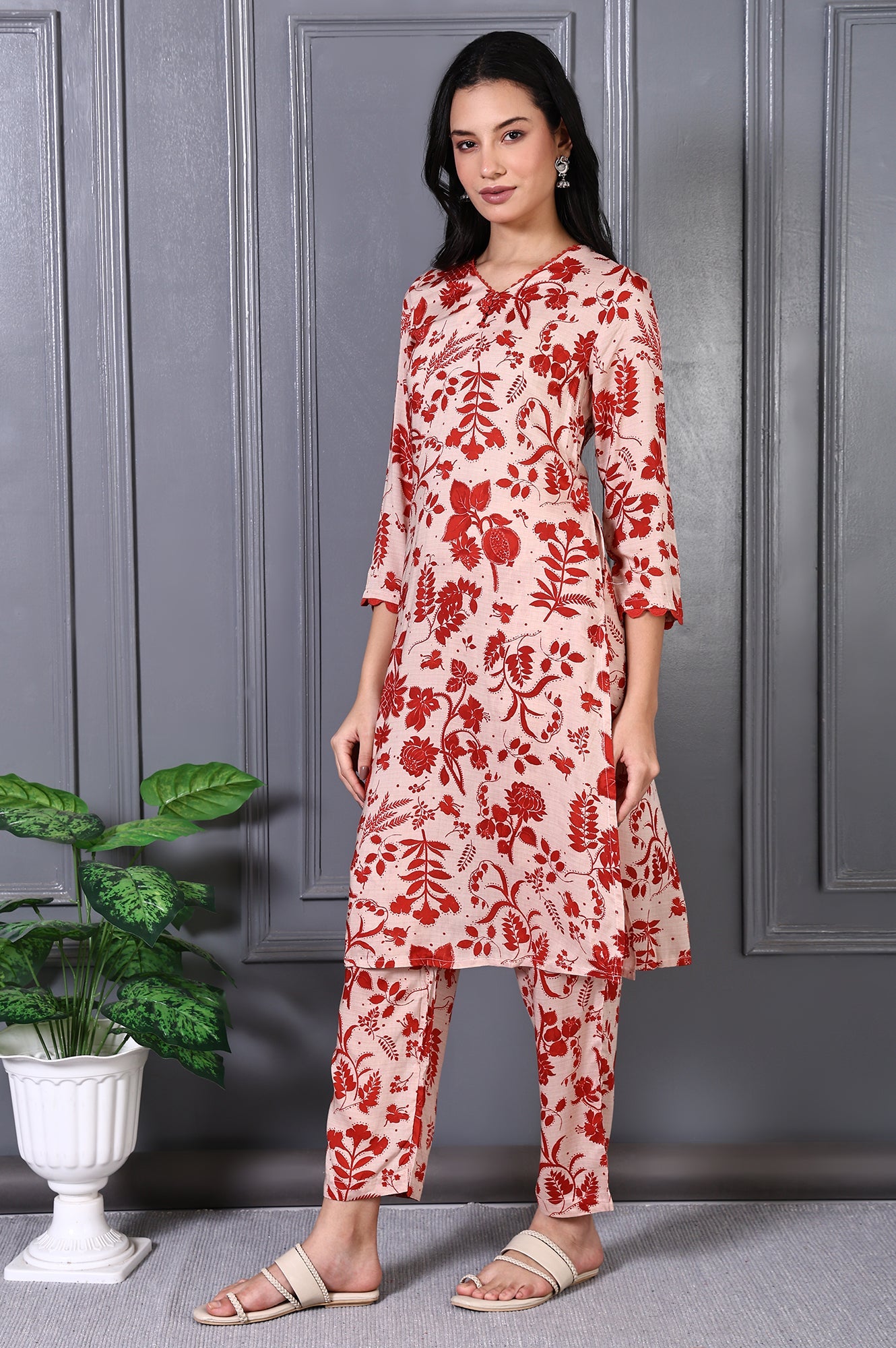Brown Floral Printed Lace Modal A-line Kurta Set