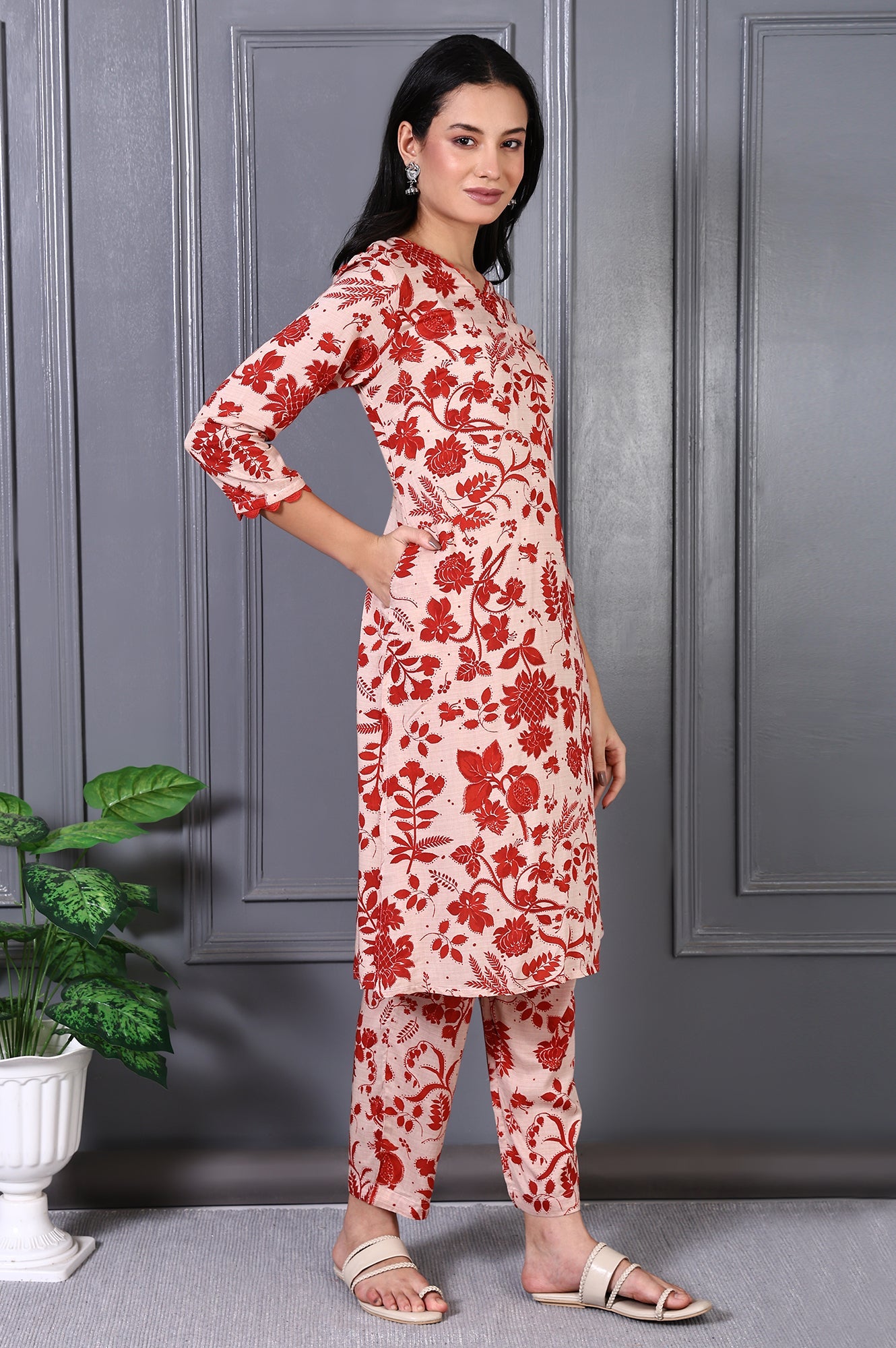 Brown Floral Printed Lace Modal A-line Kurta Set