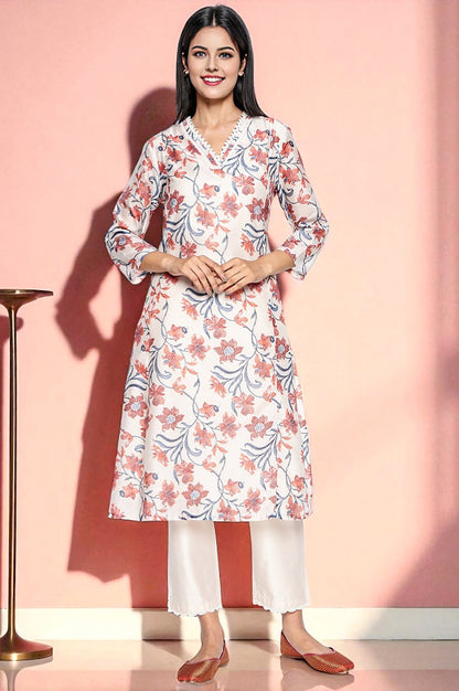 Walnut Beige Printed Chanderi A-line Kurta and Straight Pant Set