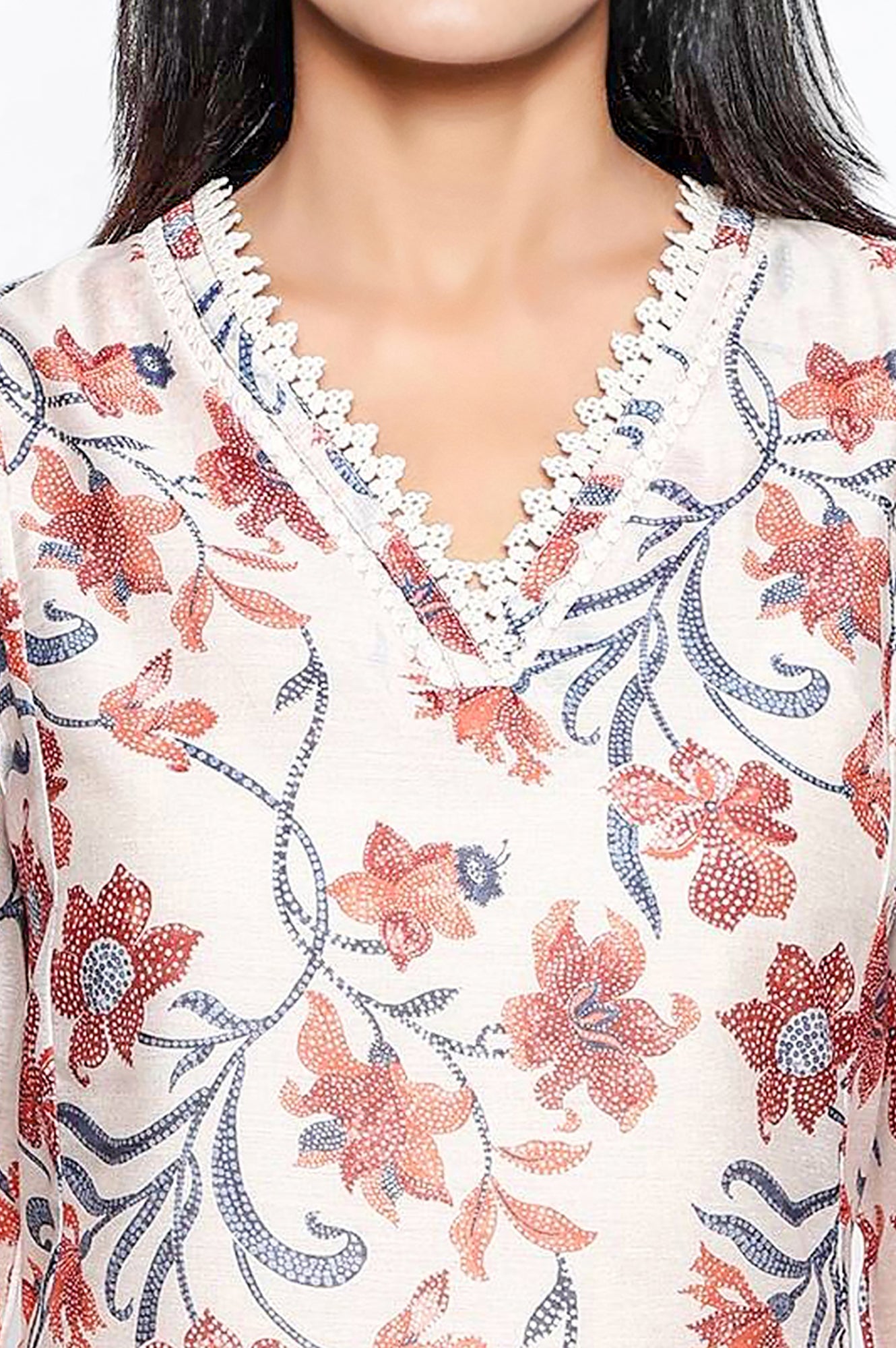 Walnut Beige Printed Chanderi A-line Kurta and Straight Pant Set