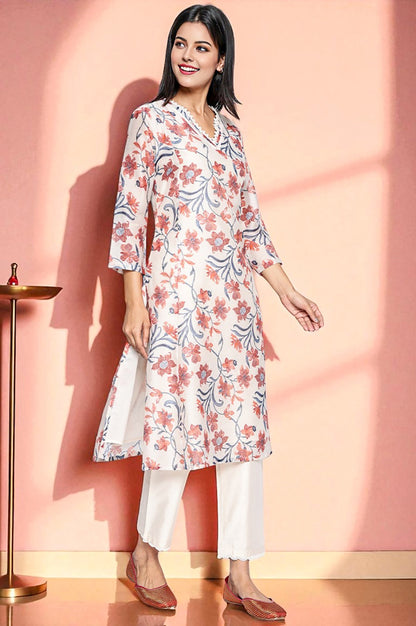 Walnut Beige Printed Chanderi A-line Kurta and Straight Pant Set