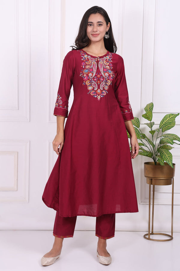 Maroon Embroidered Straight Kurta and Pants Co-ord Set