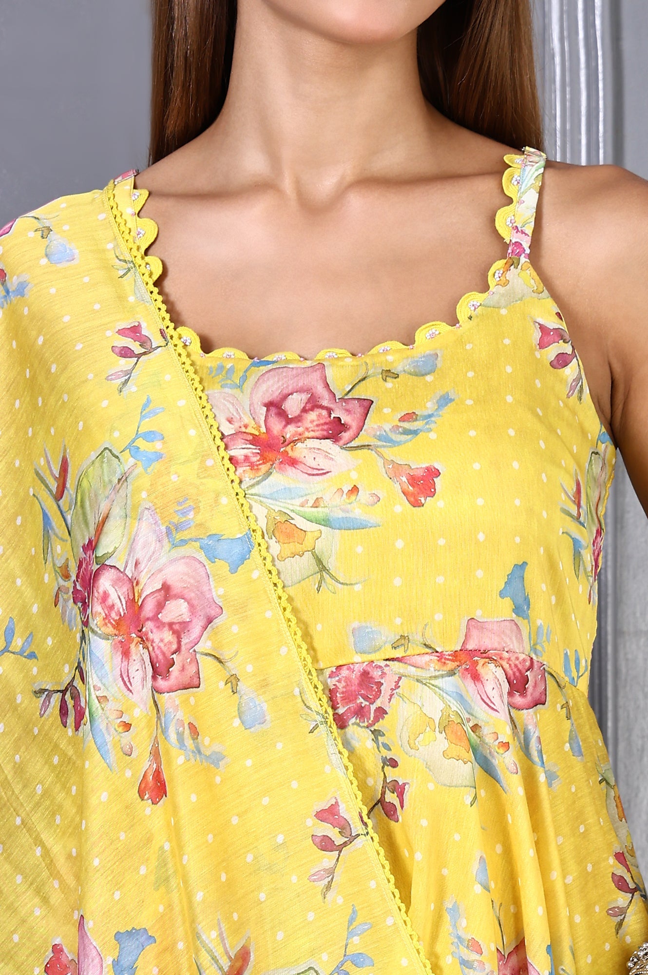 Yellow Floral Printed Beads Chanderi Flared Spaghetti Kurta, Pants and Dupatta Set