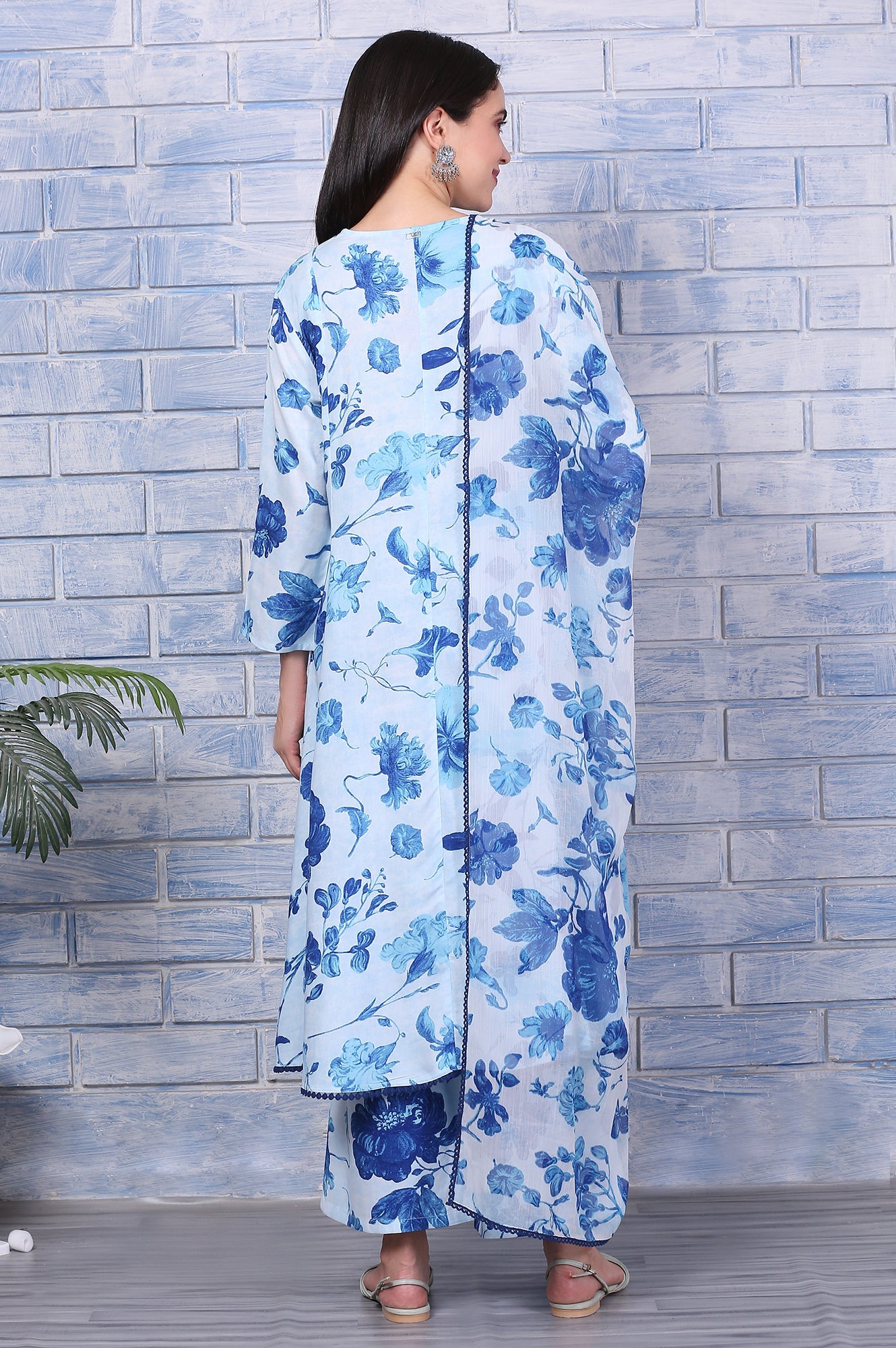 Blue Floral Printed Rayon Lace Flared Kurta, Pants and Dupatta Set