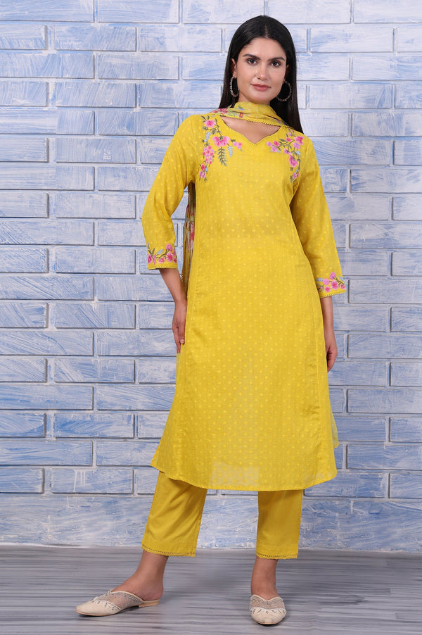 Yellow Polka Printed Thread Embroidered Cotton Dot Texture A-Line Kurta, Straight Pant And Dupatta Set