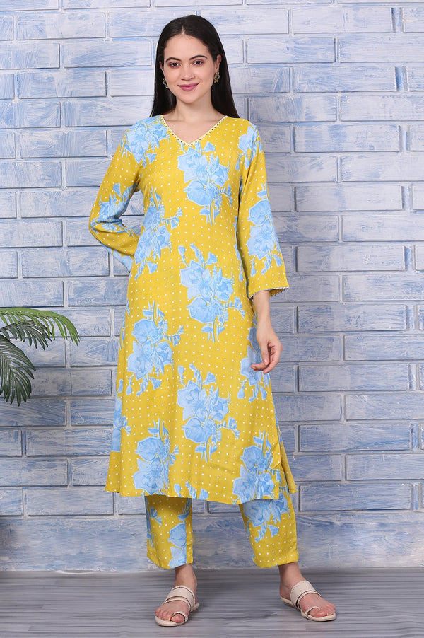 Yellow Floral Printed Lace Straight Kurta and Pants Co-ord Set