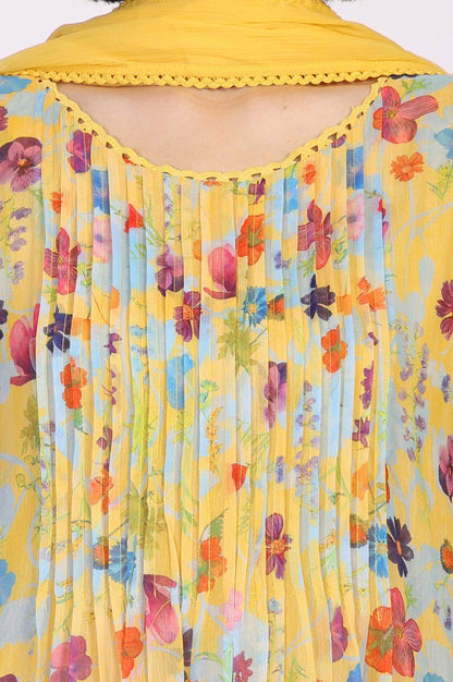 Yellow Floral Print Lace Trim Flared Chiffon Kurta with Pant and Dupatta Set