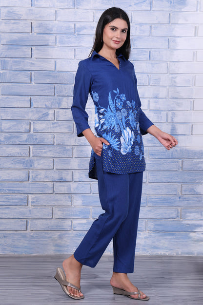 Blue Floral Printed Beads Rayon Flax Straight Kurta And Straight Pant Set