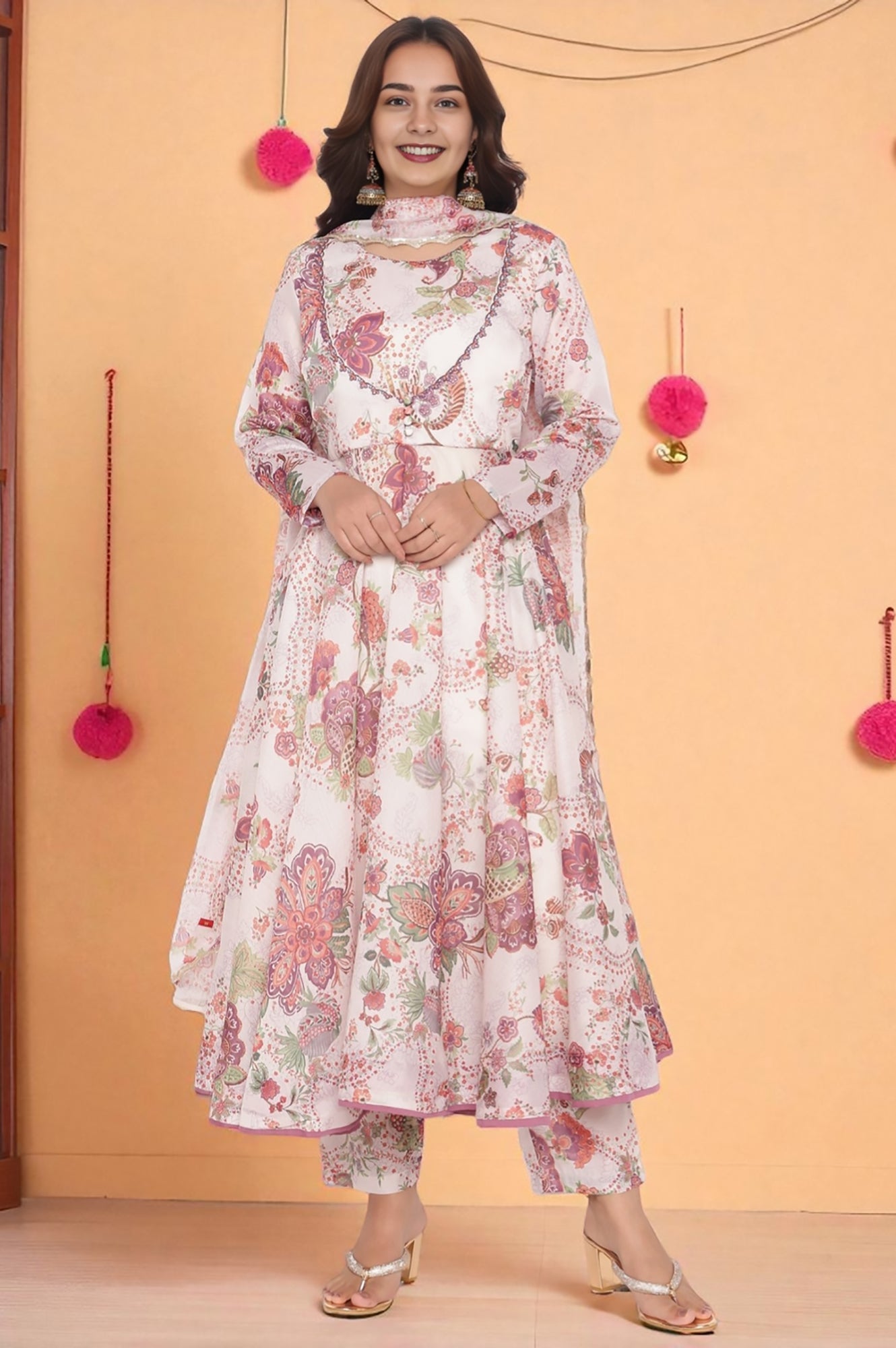 Ecru Printed Chanderi Flared Kurta, Straight Pant and Dupatta Set