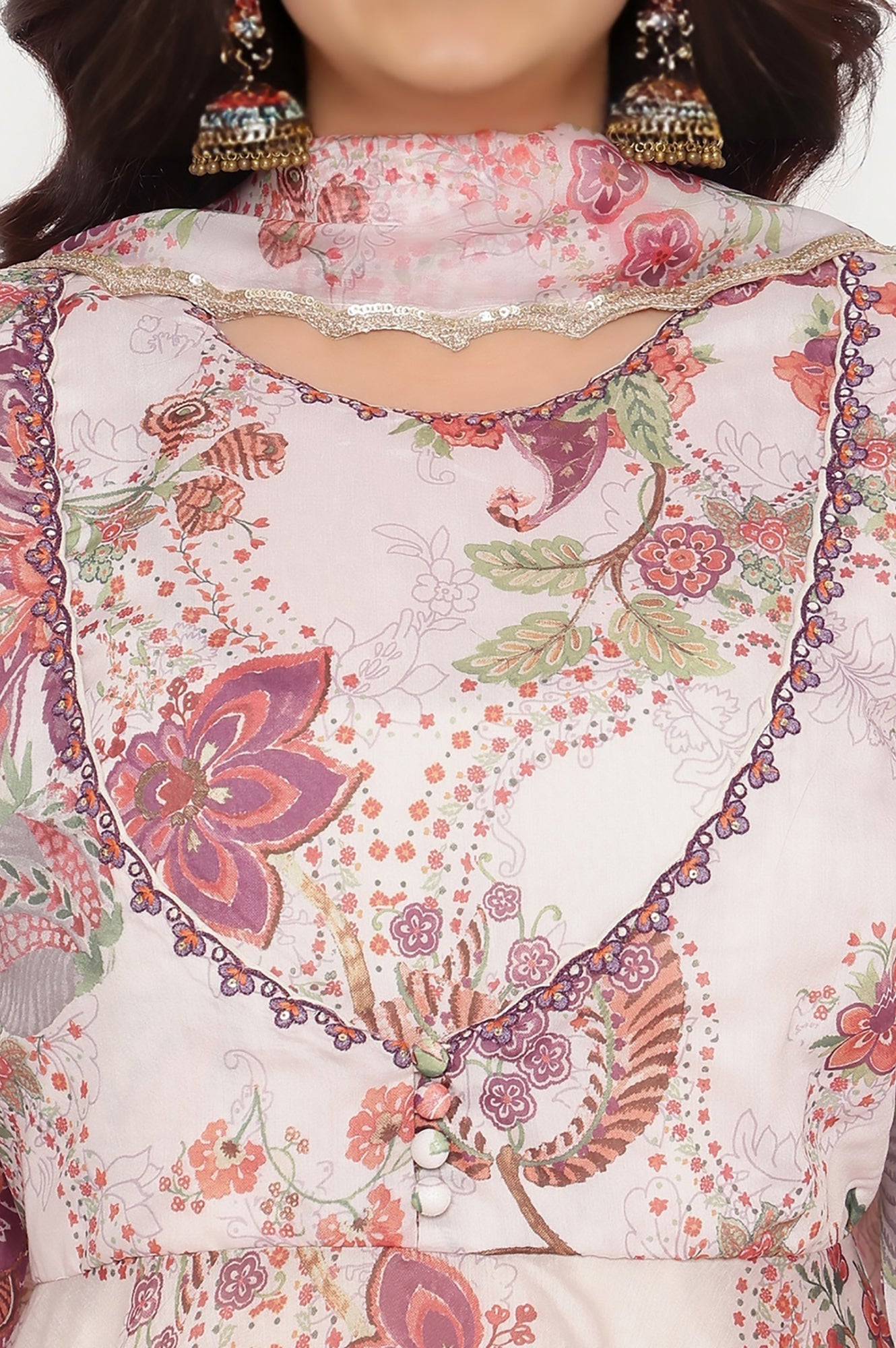 Ecru Printed Chanderi Flared Kurta, Straight Pant and Dupatta Set