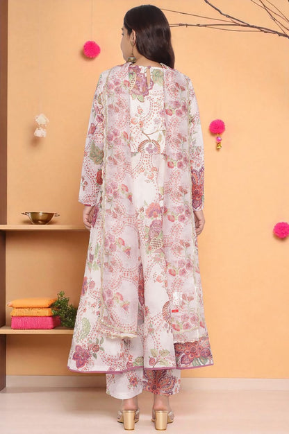 Ecru Printed Chanderi Flared Kurta, Straight Pant and Dupatta Set