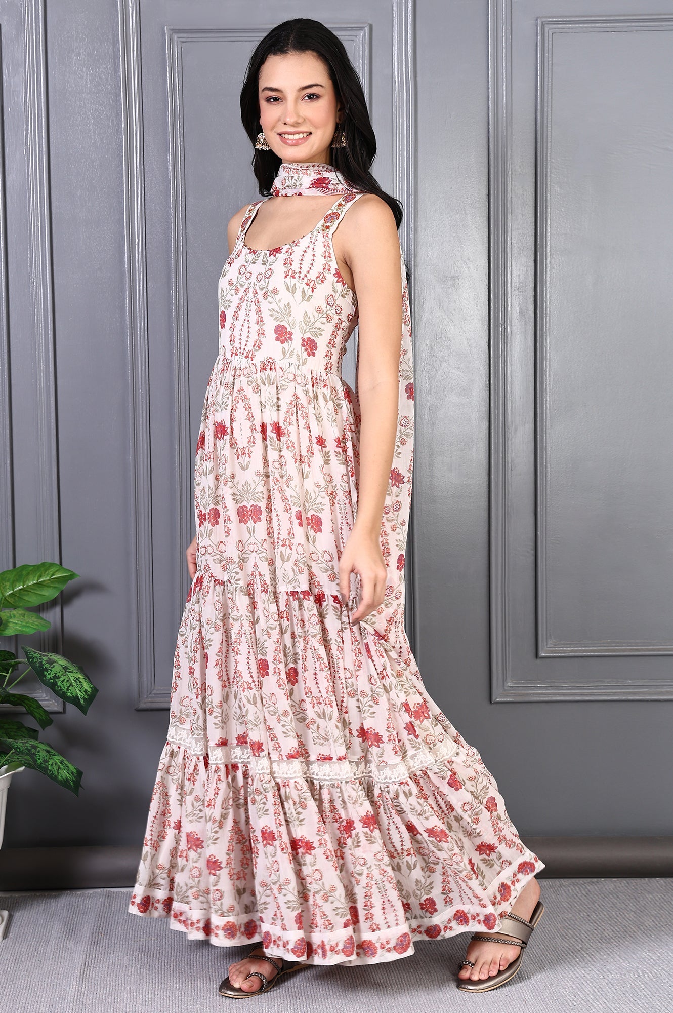 White Floral Printed Chiffon Flared Dress and Dupatta Set