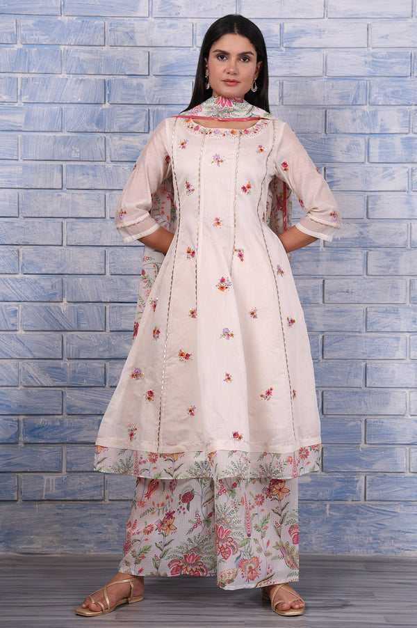 White Embroidered Printed Chanderi Flared Kurta, Palazzo And Dupatta Set
