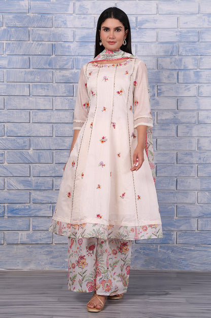 White Embroidered Printed Chanderi Flared Kurta, Palazzo And Dupatta Set