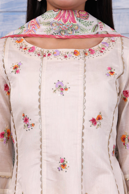 White Embroidered Printed Chanderi Flared Kurta, Palazzo And Dupatta Set