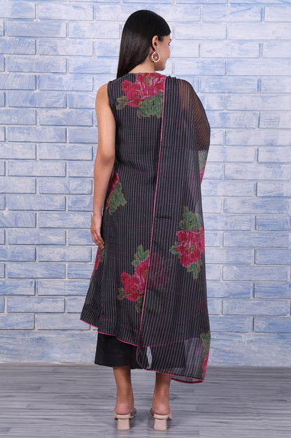Black Floral Printed Beads Organza Flared Kurta, Cropped Flared Pants And Dupatta Set
