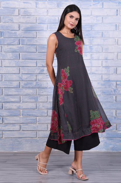 Black Floral Printed Beads Organza Flared Kurta, Cropped Flared Pants And Dupatta Set