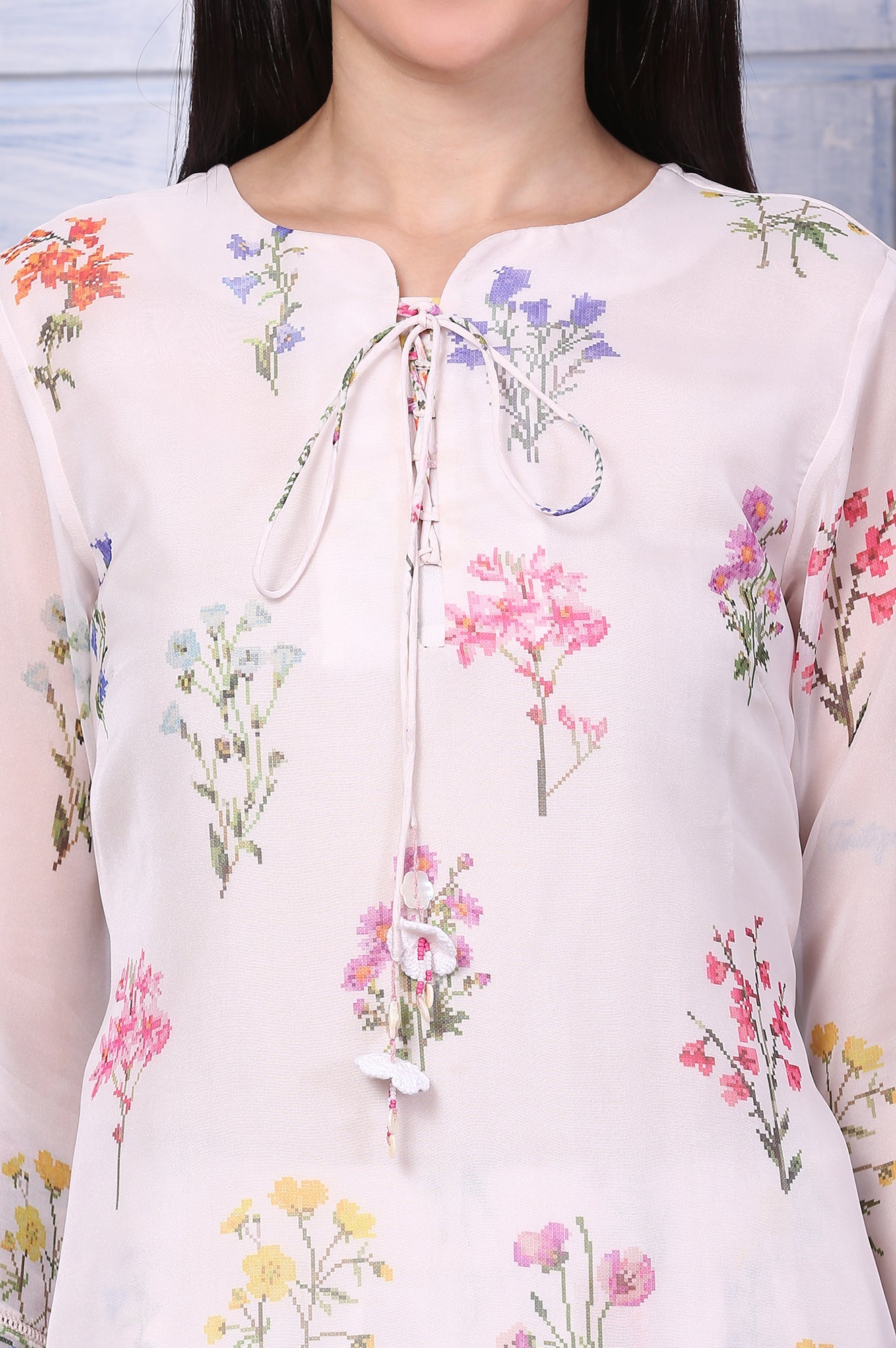 Cream Floral Printed Organza Straight Kurta and Pants Co-ord Set