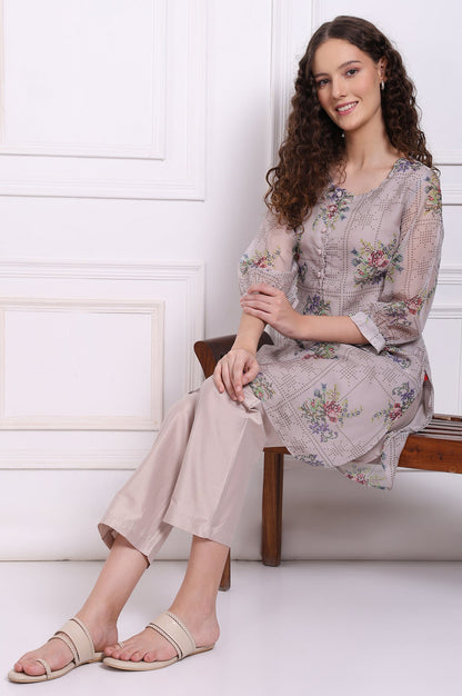 Grey Floral Printed Organza Straight Kurta and Straight Pants Set