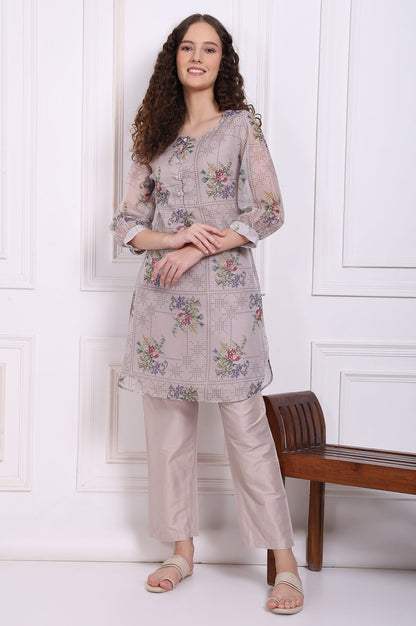 Grey Floral Printed Organza Straight Kurta and Straight Pants Set