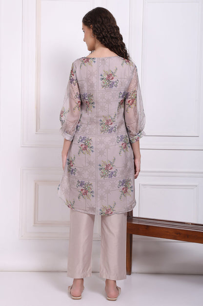 Grey Floral Printed Organza Straight Kurta and Straight Pants Set