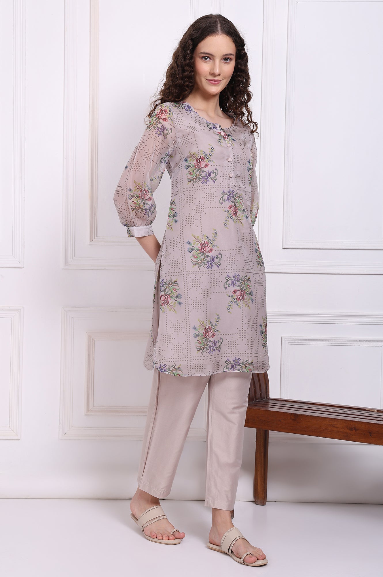 Grey Floral Printed Organza Straight Kurta and Straight Pants Set