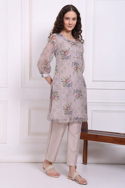 Grey Floral Printed Organza Straight Kurta and Straight Pants Set