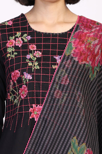 Black Floral Print Embroidered Straight Kurta with Pant and Dupatta Set