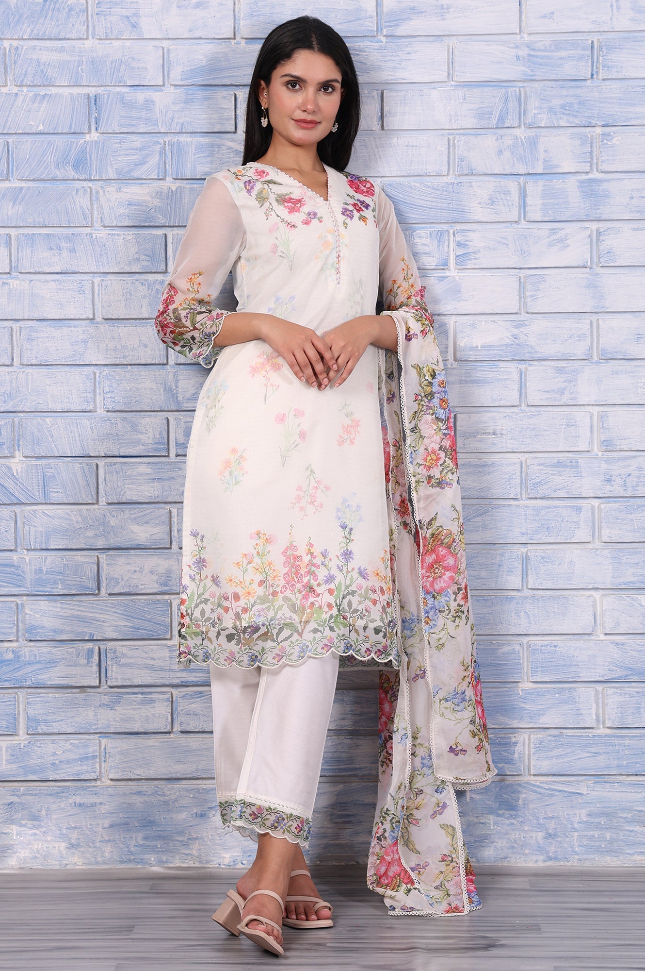 White Floral Printed Beads Organza Straight Kurta, Straight Pant And Dupatta Set