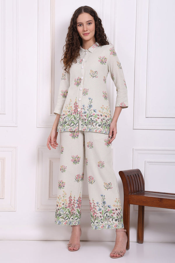White Floral Printed Checker Pure Cotton Shirt and Pants Co-ord Set