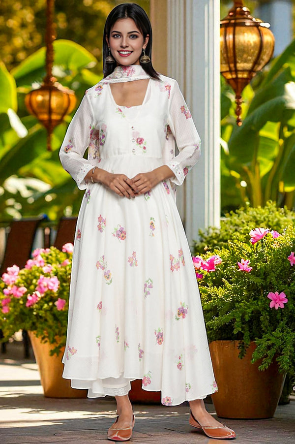 Ecru Printed Kota Flared Kurta, Straight Pant and Dupatta Set