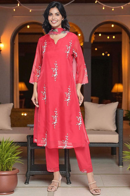 Red Embroidered Printed Organza Straight Kurta, Straight Pant and Dupatta Set