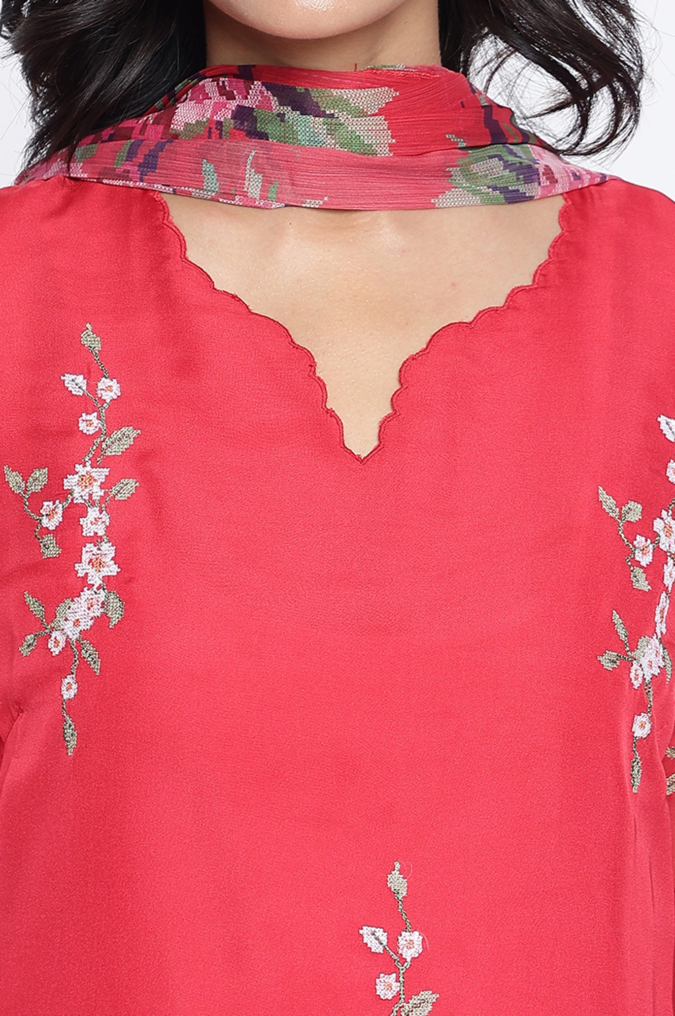 Red Embroidered Printed Organza Straight Kurta, Straight Pant and Dupatta Set